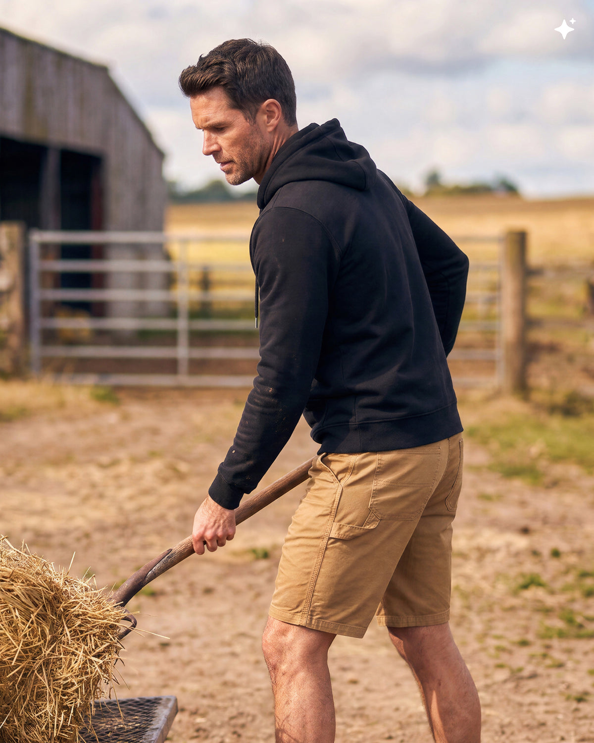 A man in a black hoodie and tan cargo shorts shoveling hay outdoors in a farm setting with a barn in the background.