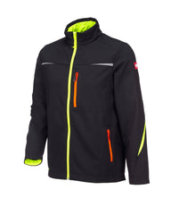 STRAUSS e.s.motion 2020 softshell jacket in black, high-vis yellow, and orange, front view