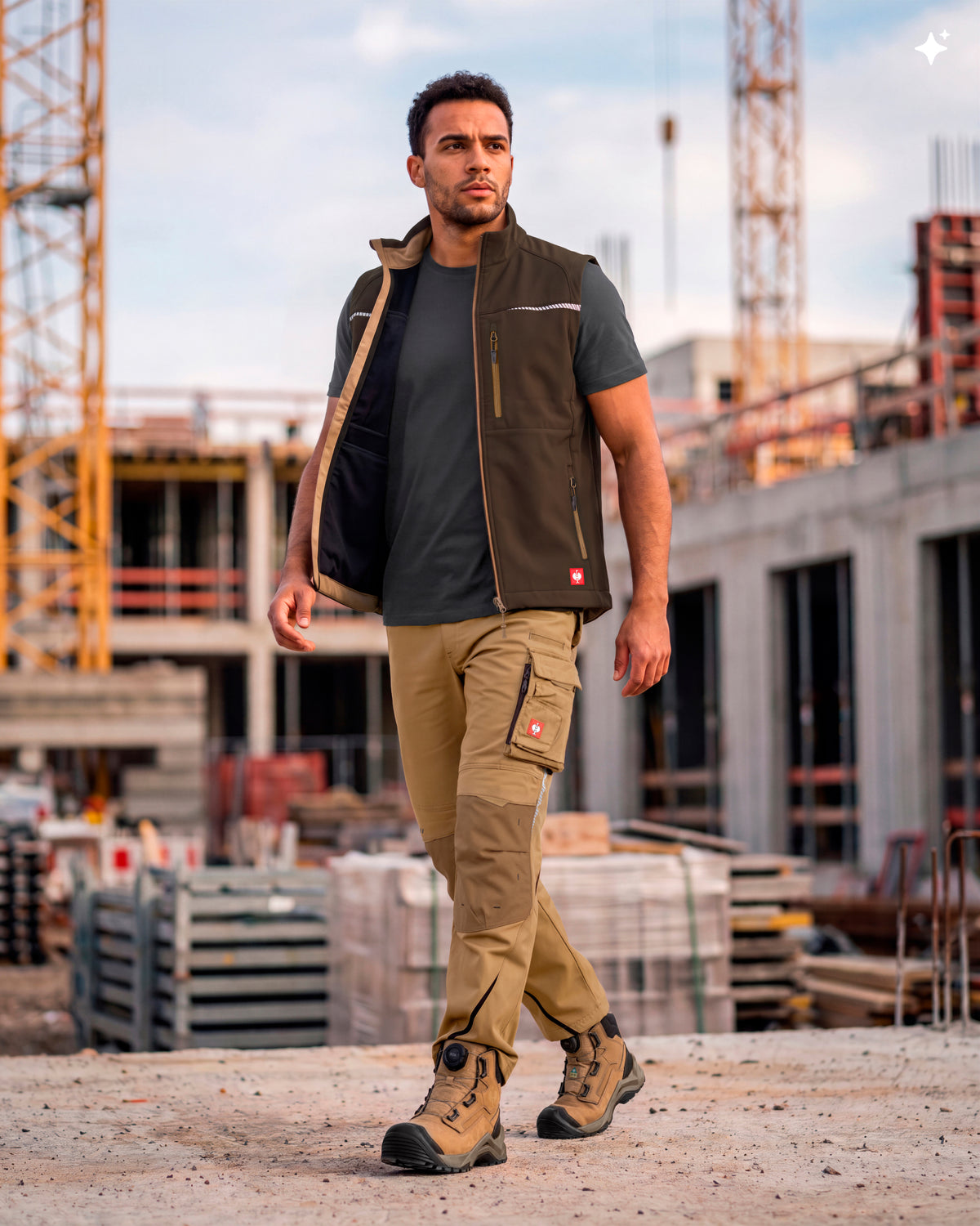A man wearing a brown utility vest over a dark gray t-shirt, tan cargo pants, and brown work boots, standing on a construction site with cranes in the background.