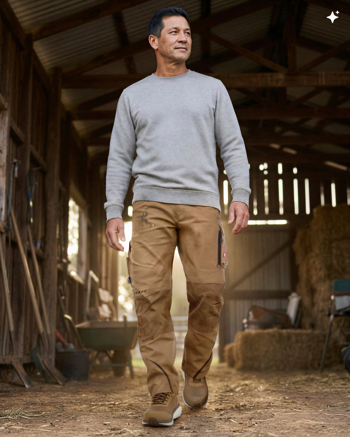 A man walking through a rustic barn wearing a light gray crewneck sweatshirt, tan work pants, and brown boots.