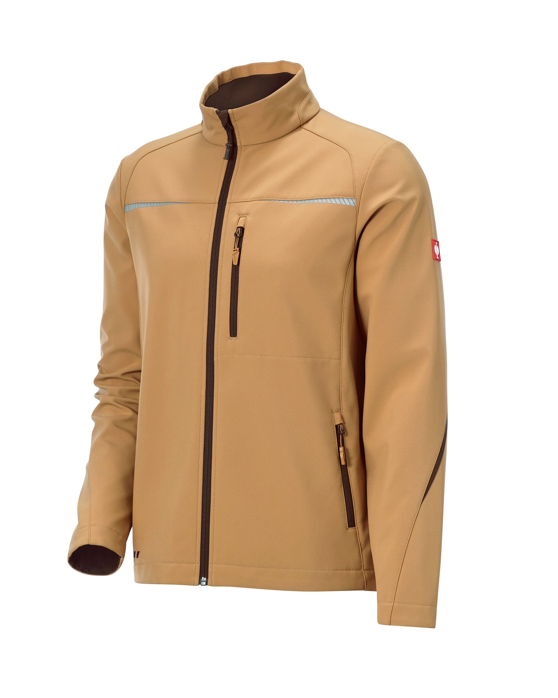A tan softshell jacket with a high collar, black front zipper, and zippered pockets, shown on a plain white background.
