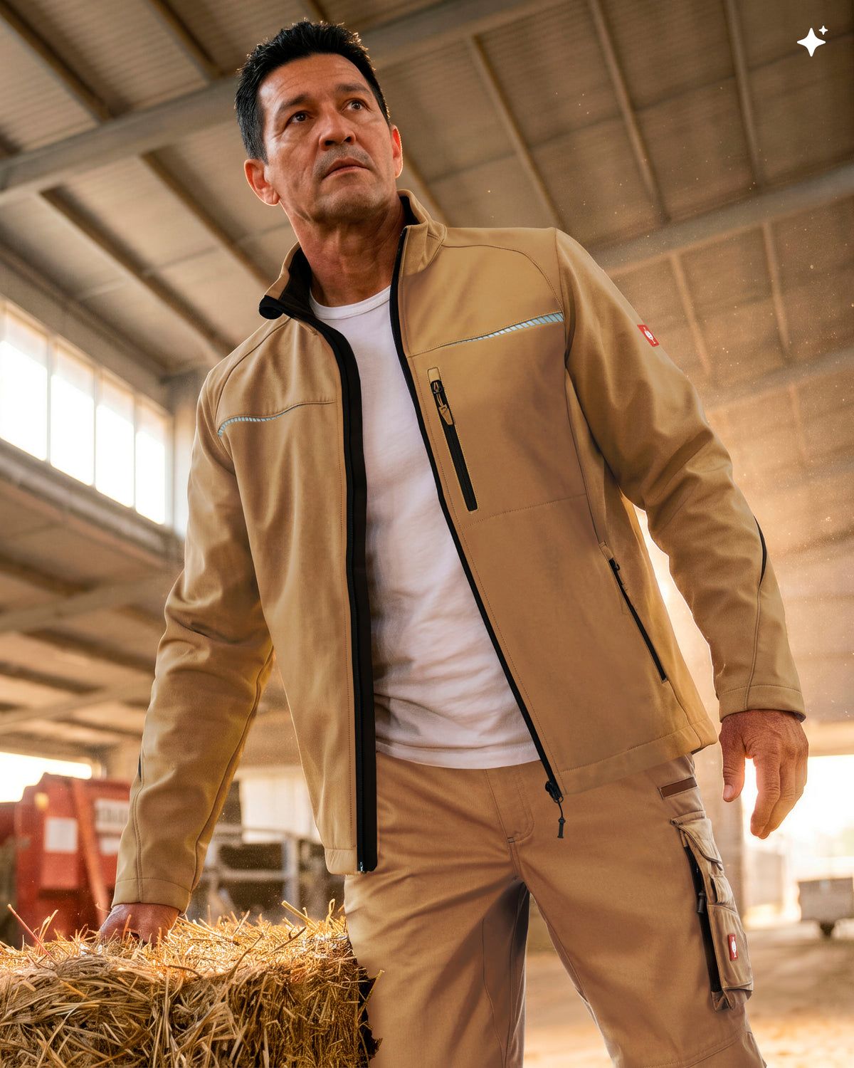 A man wearing a tan work jacket and matching work pants over a white t-shirt, standing in a warehouse or workshop environment.