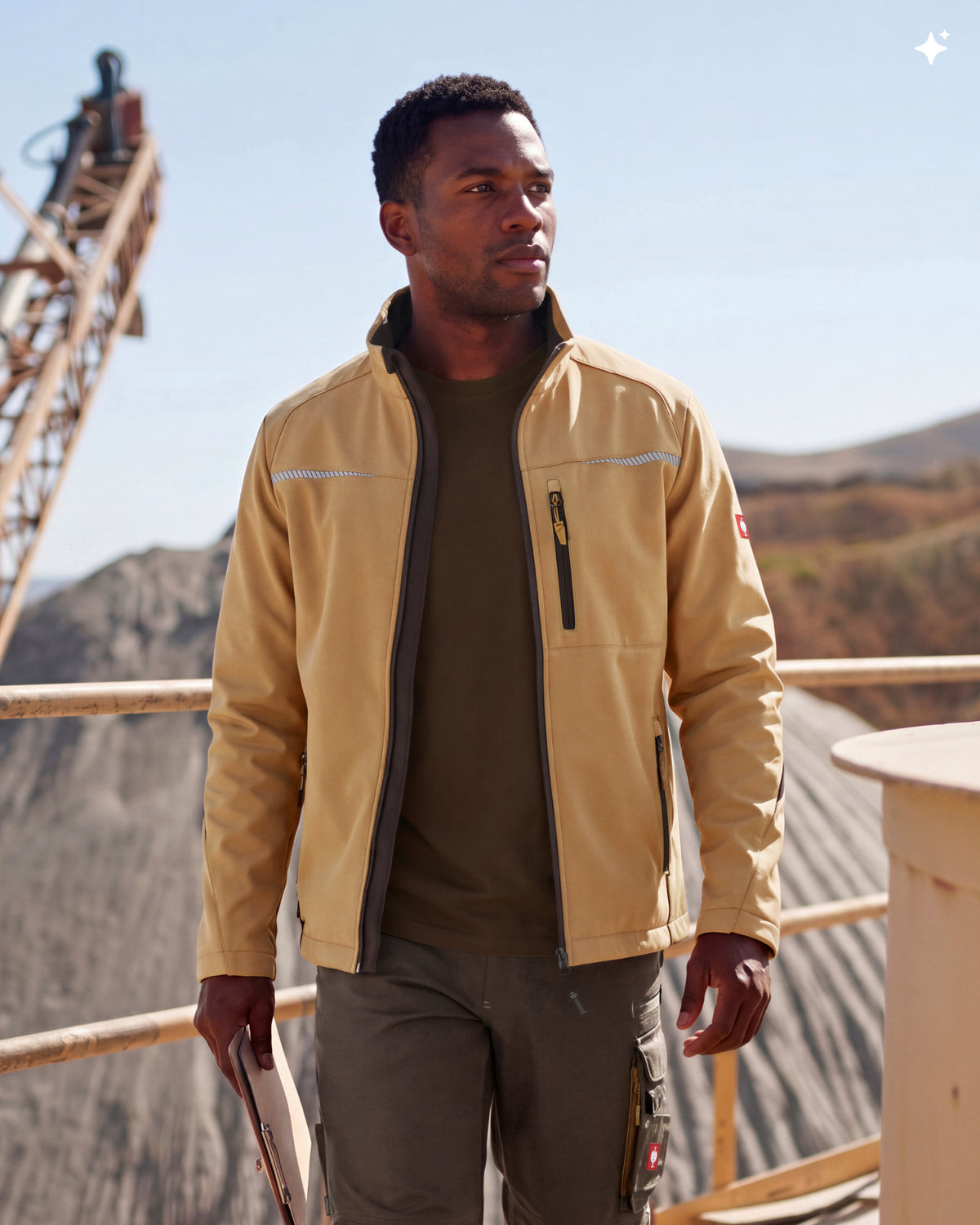 A man wearing a tan work jacket and dark brown work pants stands on an industrial outdoor platform with a crane and hills in the background.