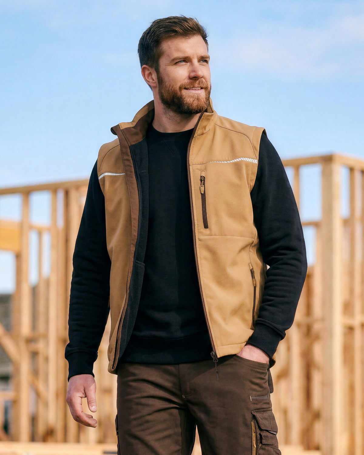 A man wearing a tan and black insulated work vest over a black long-sleeve shirt and brown cargo pants, standing outdoors in front of wooden framing under a blue sky.
