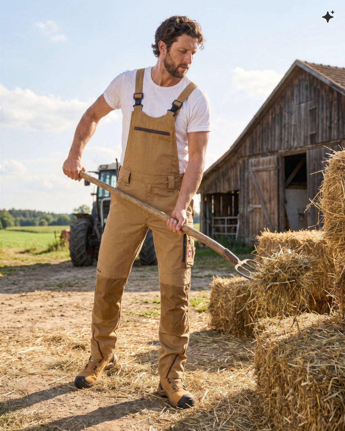 A man wearing tan work overalls over a white t-shirt stands in a farmyard holding a pitchfork next to hay bales, with a barn and tractor in the background.