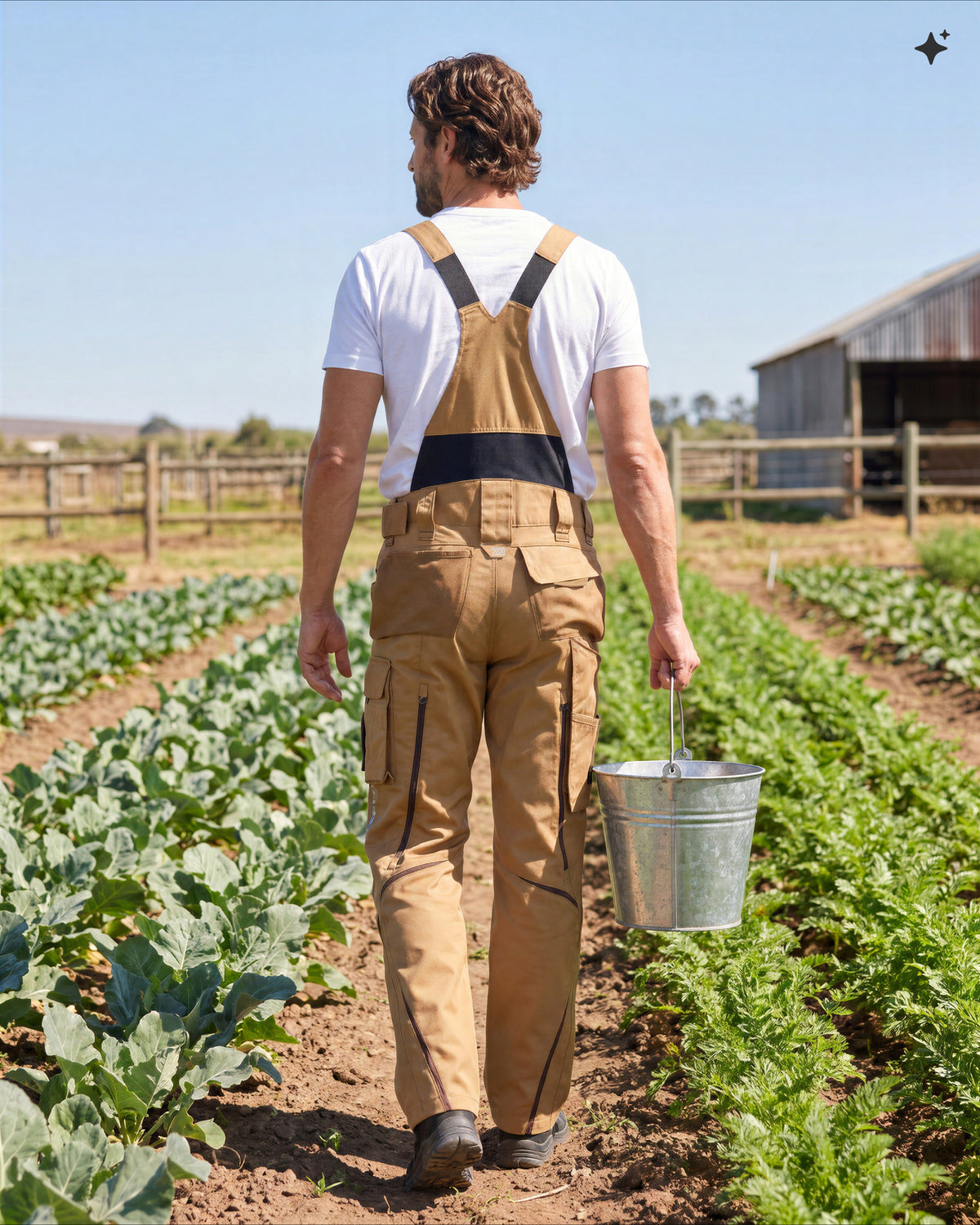 A man viewed from behind walking through a farm field, wearing tan bib overalls over a white T-shirt and carrying a metal bucket.