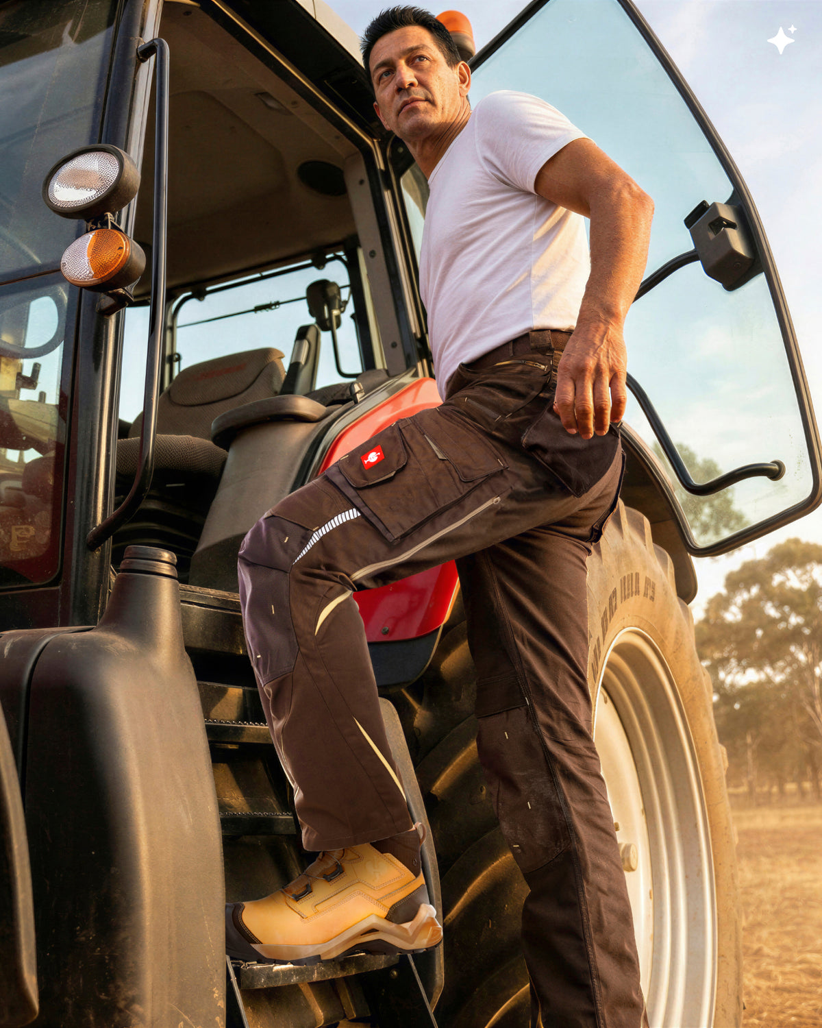 A man in a white t-shirt and dark brown work pants with a STRAUSS logo patch stands on the step of a tractor, looking at the camera. The background shows a blurred outdoor field.