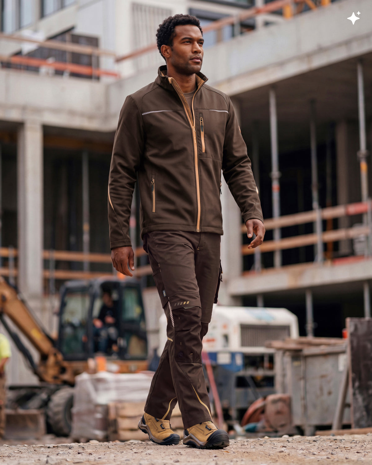 A man wearing a brown work jacket and matching work pants walks on a construction site, with construction equipment and a building structure blurred in the background.