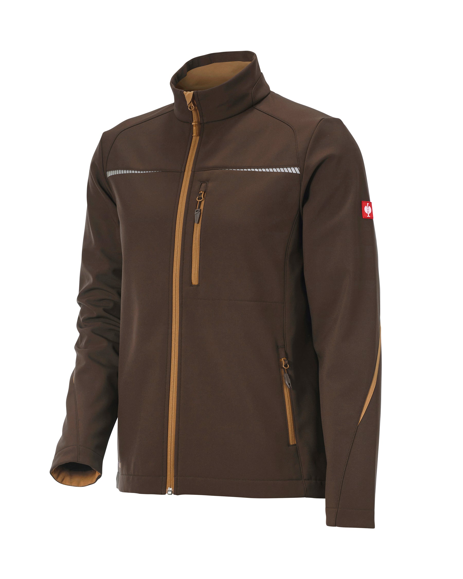 A brown softshell jacket with a high collar, black front zipper, and zippered pockets, shown on a plain white background.