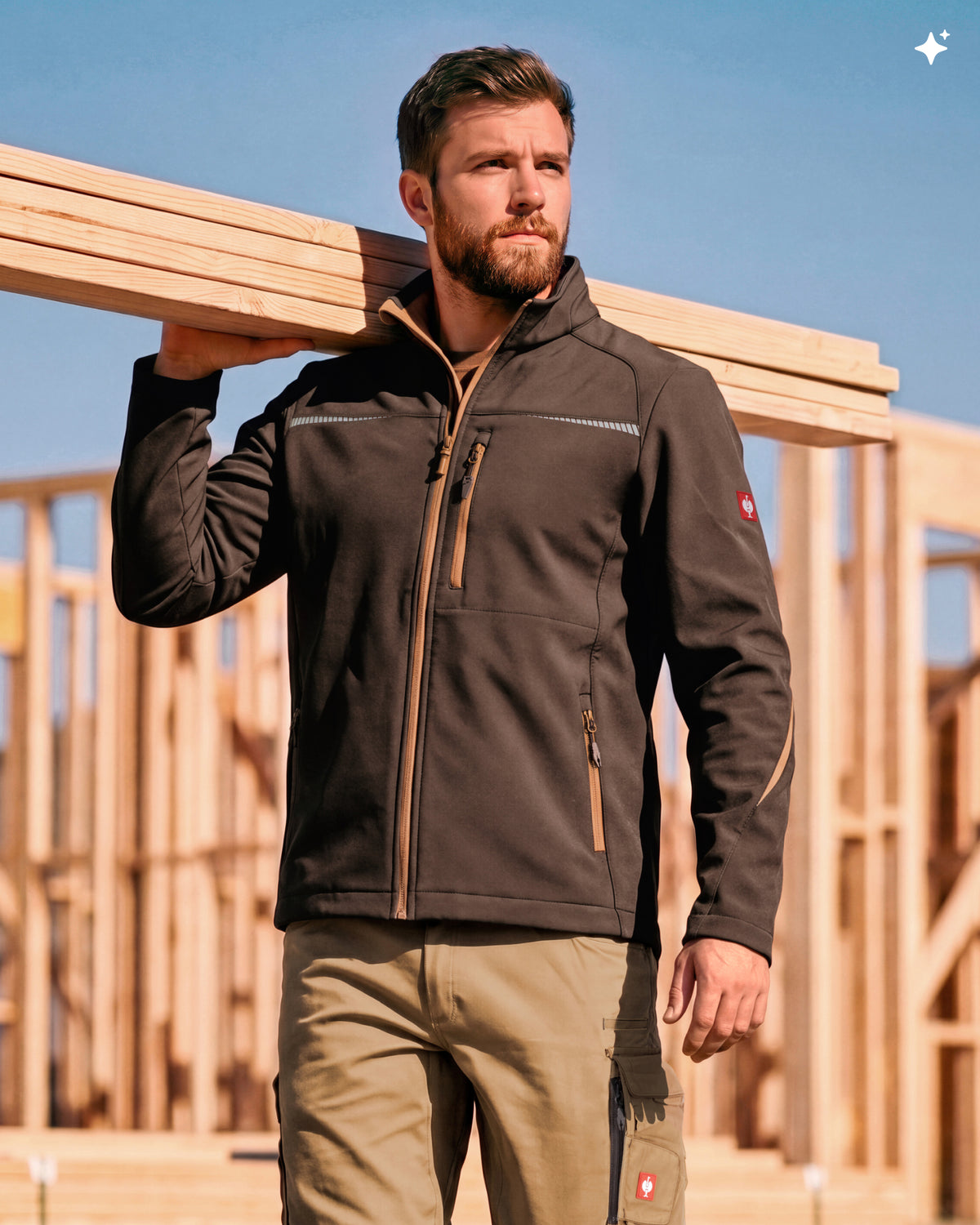 A man wearing a brown softshell work jacket with tan accents and a small red logo patch on the sleeve, standing outdoors in front of wooden framing under a blue sky.