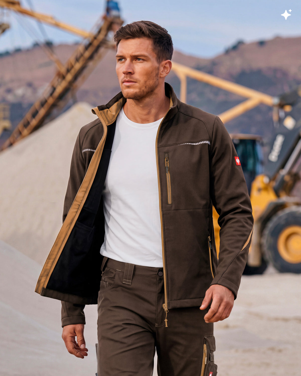A man wearing a dark brown softshell work jacket with tan lining over a white t-shirt, standing in an outdoor construction environment with machinery in the background.
