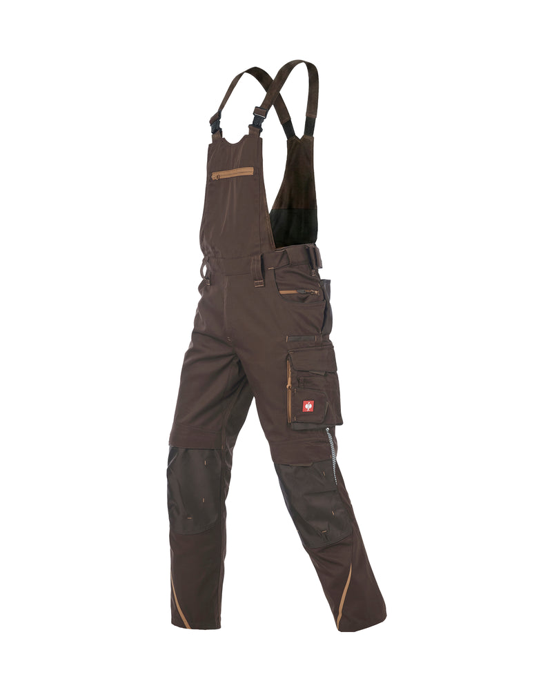 Dark brown work overalls with adjustable suspenders, multiple utility pockets, and reinforced knee panels, shown on a plain white background.