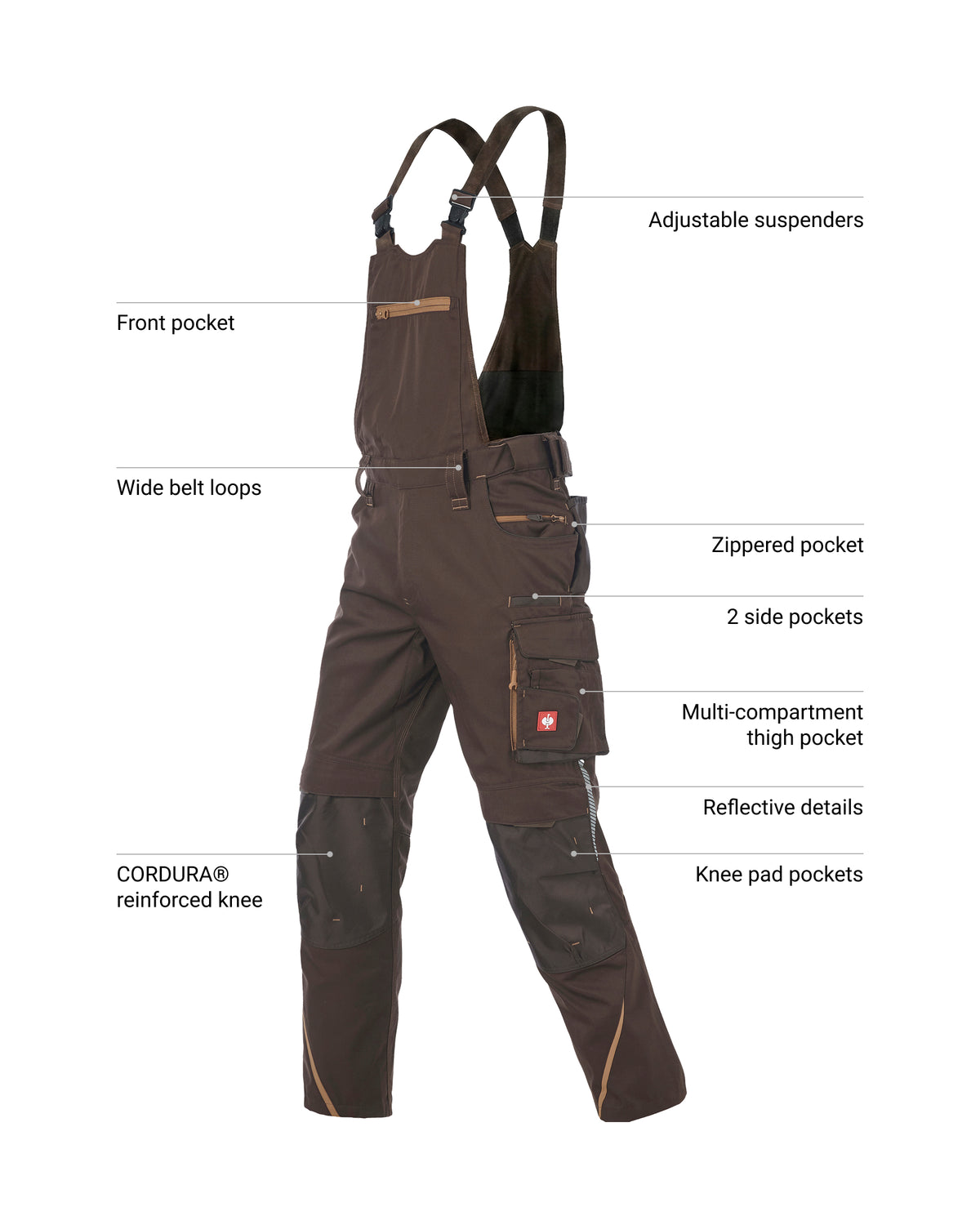 Dark brown technical work overalls with multiple labeled feature callouts, including adjustable suspenders, front pocket, wide belt loops, zippered pocket, side pockets, thigh pocket, knee pad pockets, reflective details, and CORDURA reinforced knee, shown on a white background.