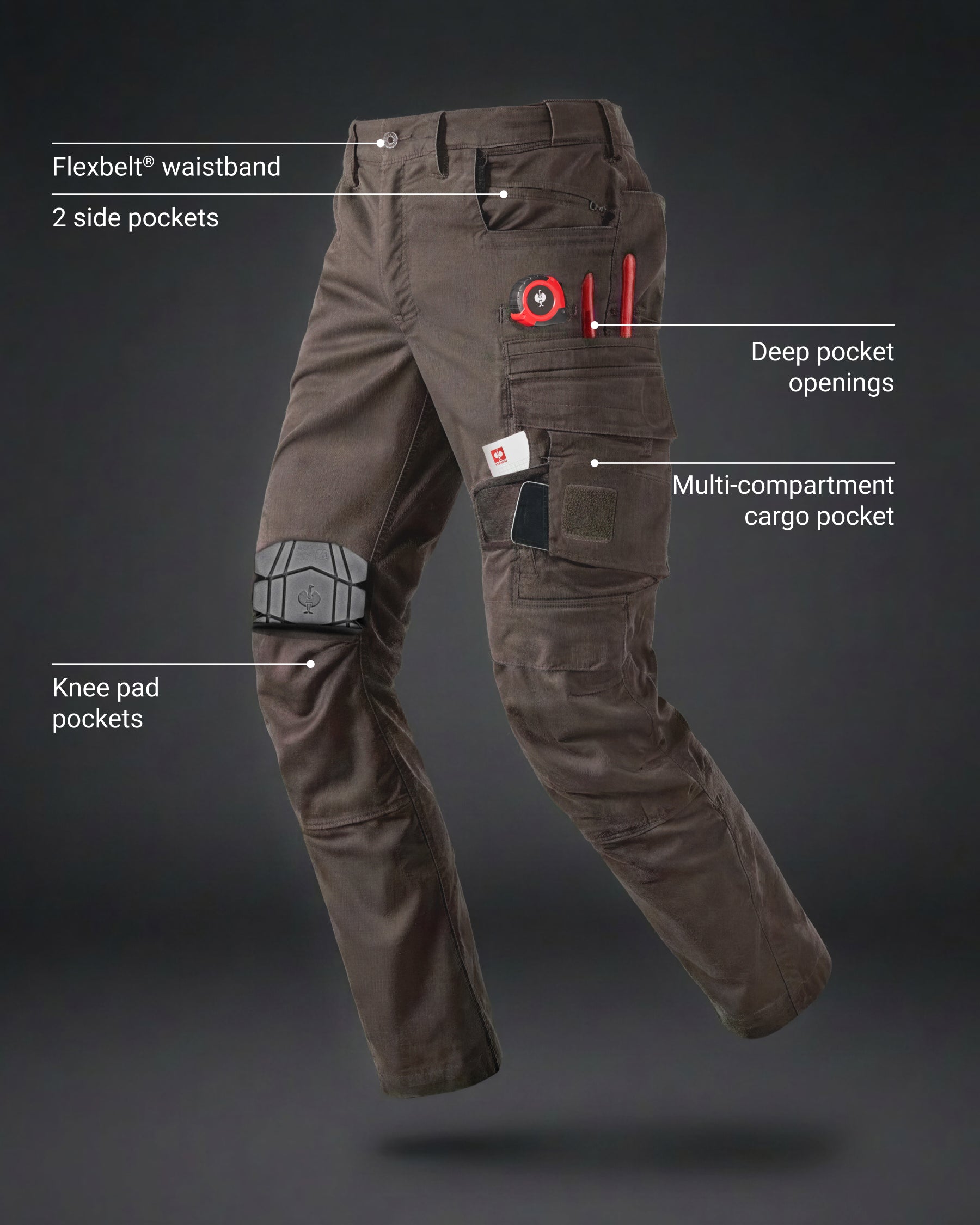 Feature view of Cargo Work Pants e.s.motion ten in chestnut, showing cargo pocket details