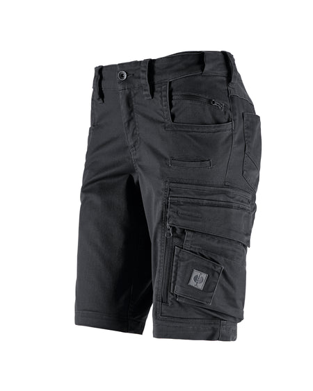 Engelbert Strauss women's e.s. motion ten shorts in oxid black, shown as a clean front product image highlighting the above-knee workwear cut, waistband, and functional pocket placement.