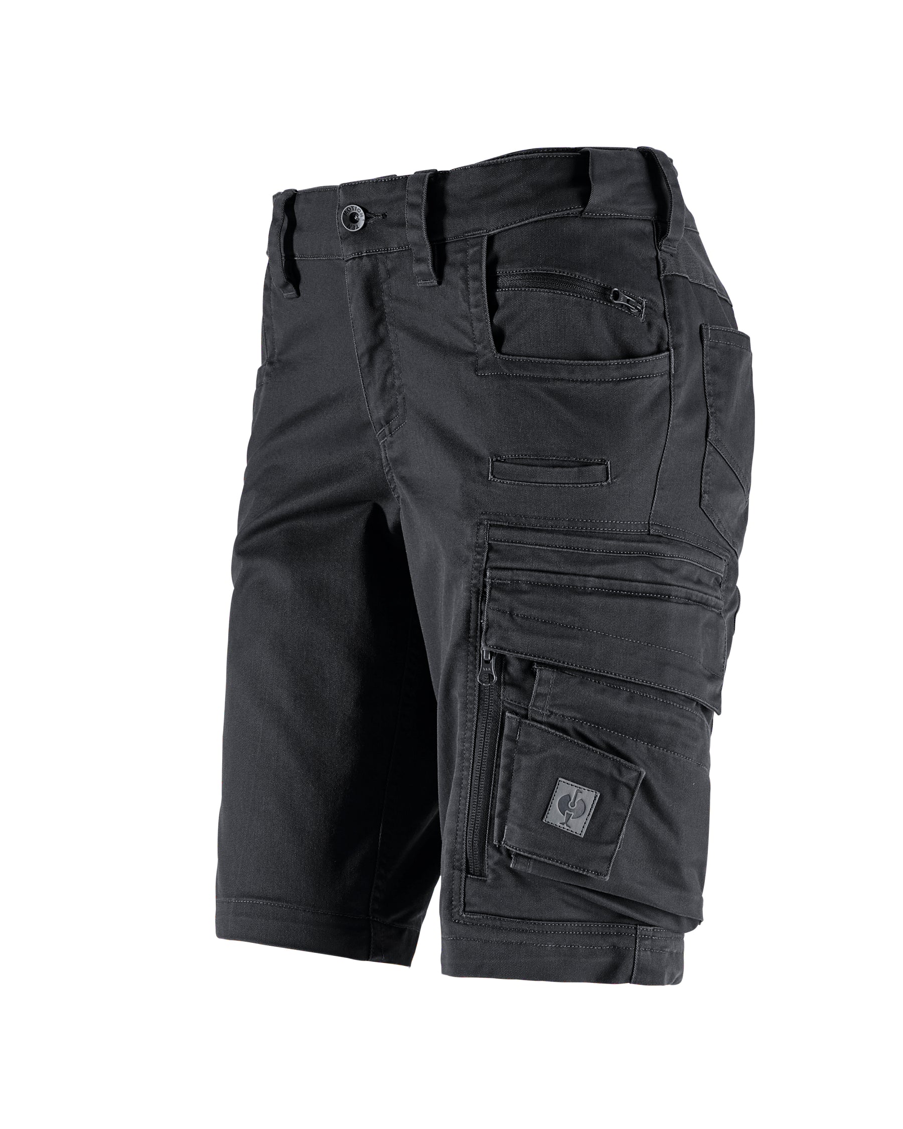 Engelbert Strauss women's e.s. motion ten shorts in oxid black, shown as a clean front product image highlighting the above-knee workwear cut, waistband, and functional pocket placement.