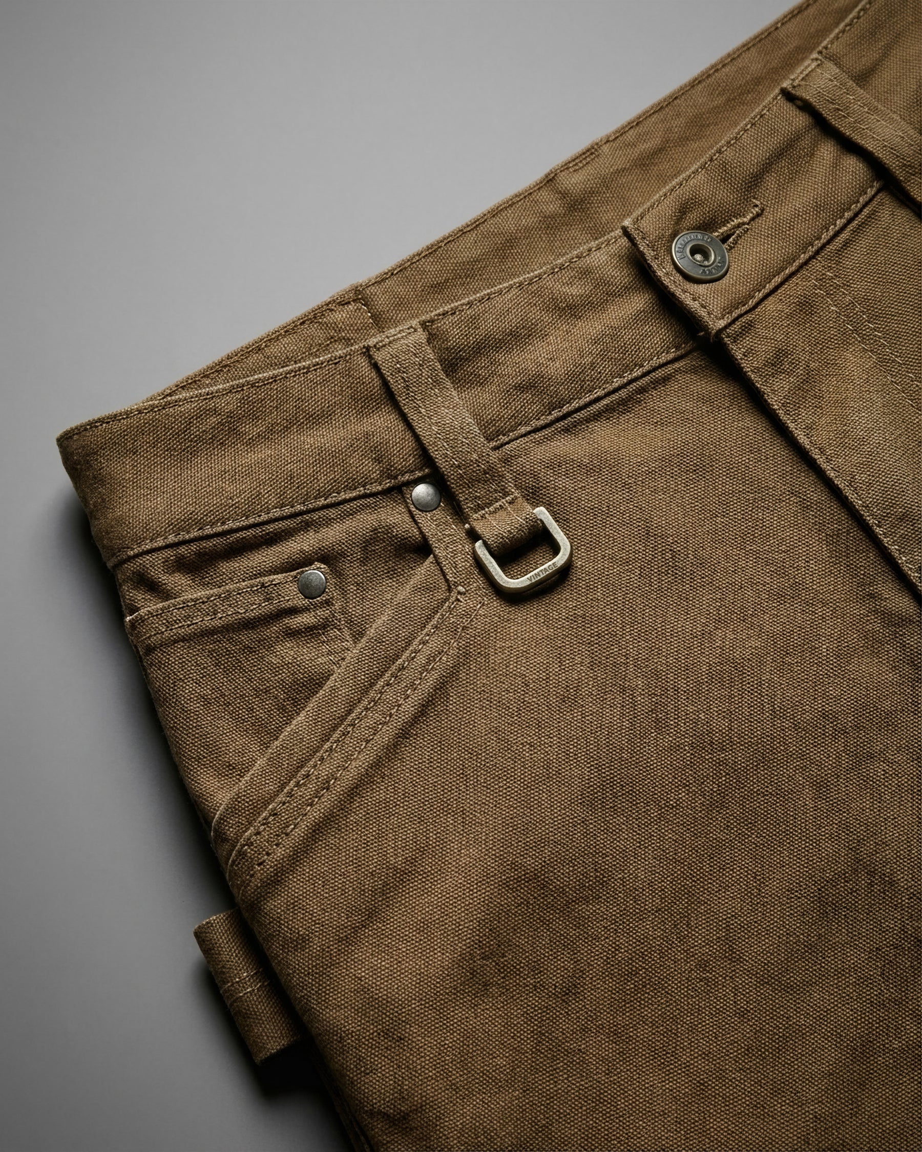 Close-up of fabric and workwear construction on Women's Multipocket Work Pants e.s.vintage in sepia