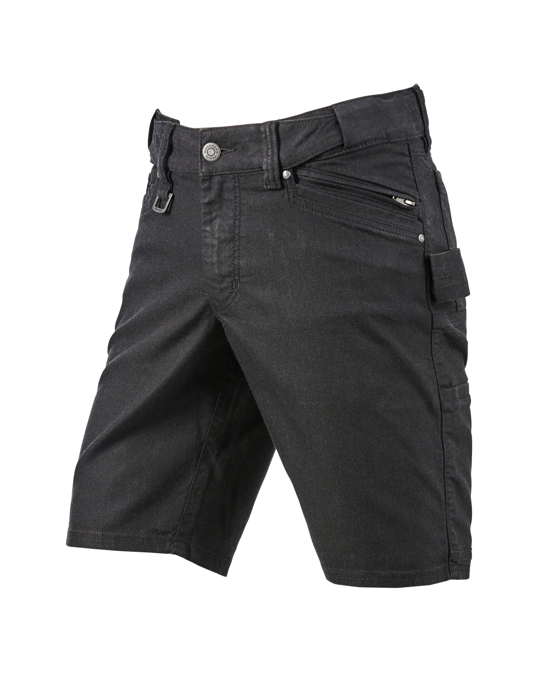 Engelbert Strauss e.s. vintage multipocket shorts in black, shown as a clean front product image highlighting the above-knee workwear cut, waistband, and functional pocket placement.