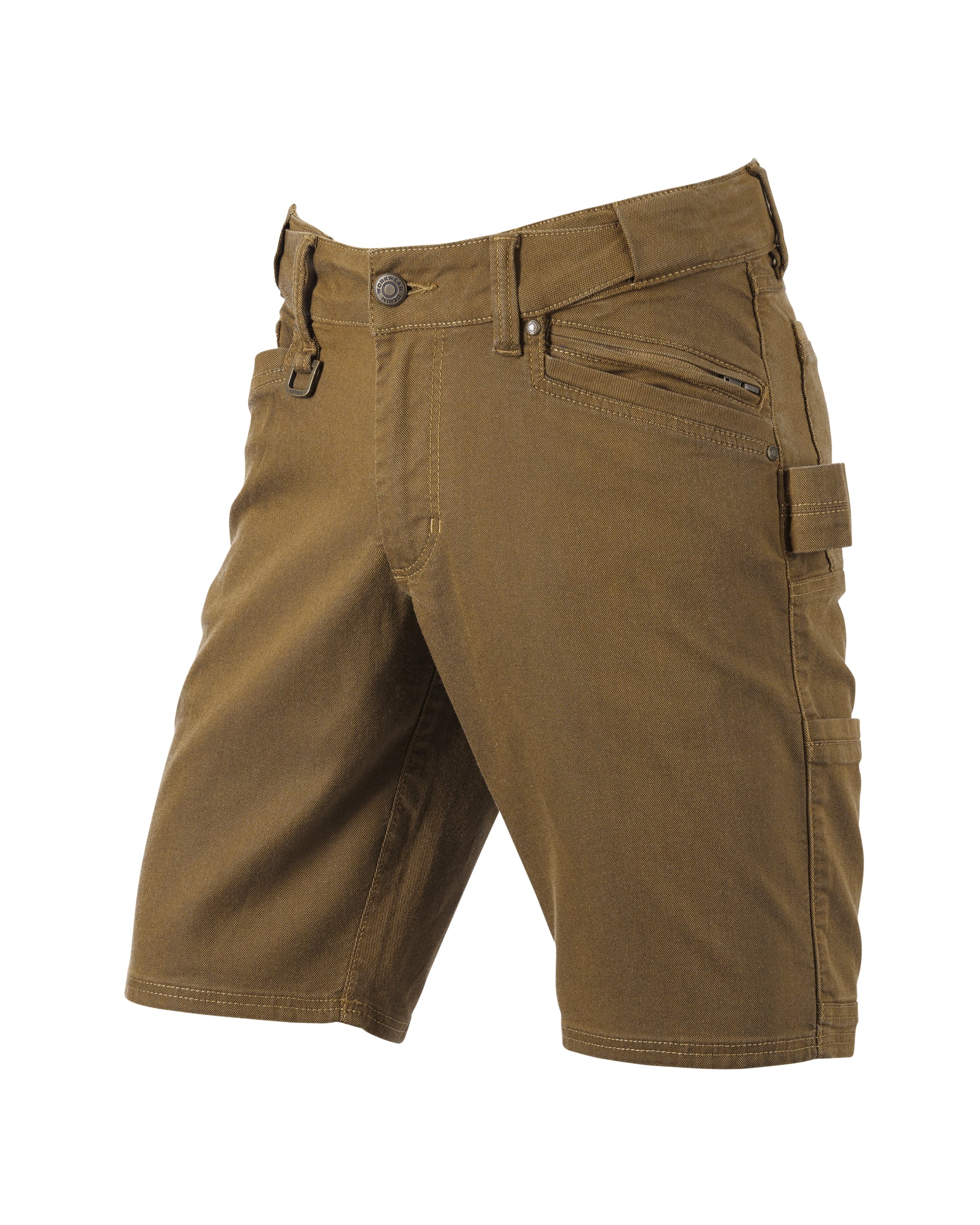 Engelbert Strauss e.s. vintage multipocket shorts in sepia, shown as a clean front product image highlighting the above-knee workwear cut, waistband, and functional pocket placement.