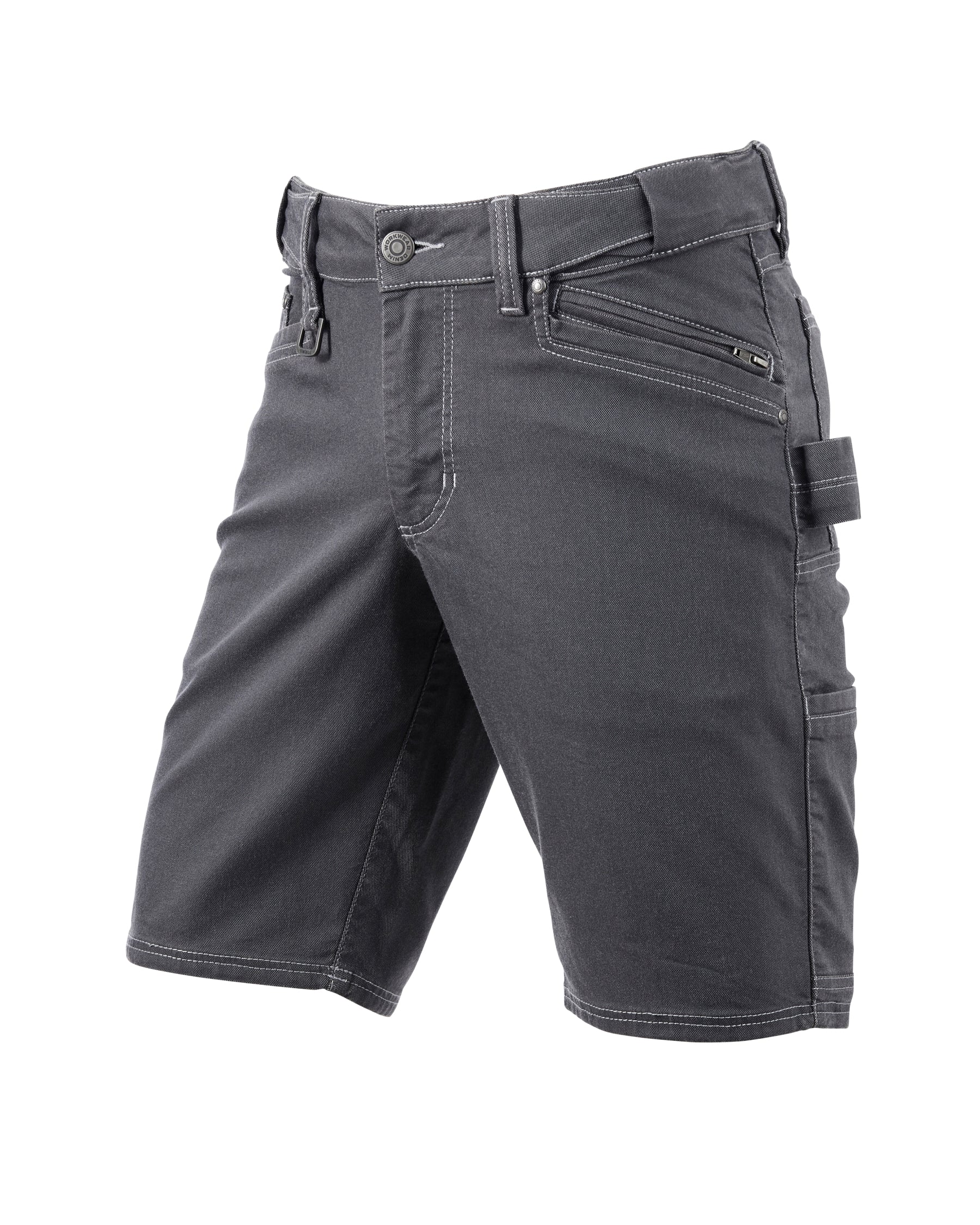 Engelbert Strauss e.s. vintage multipocket shorts in pewter, shown as a clean front product image highlighting the above-knee workwear cut, waistband, and functional pocket placement.