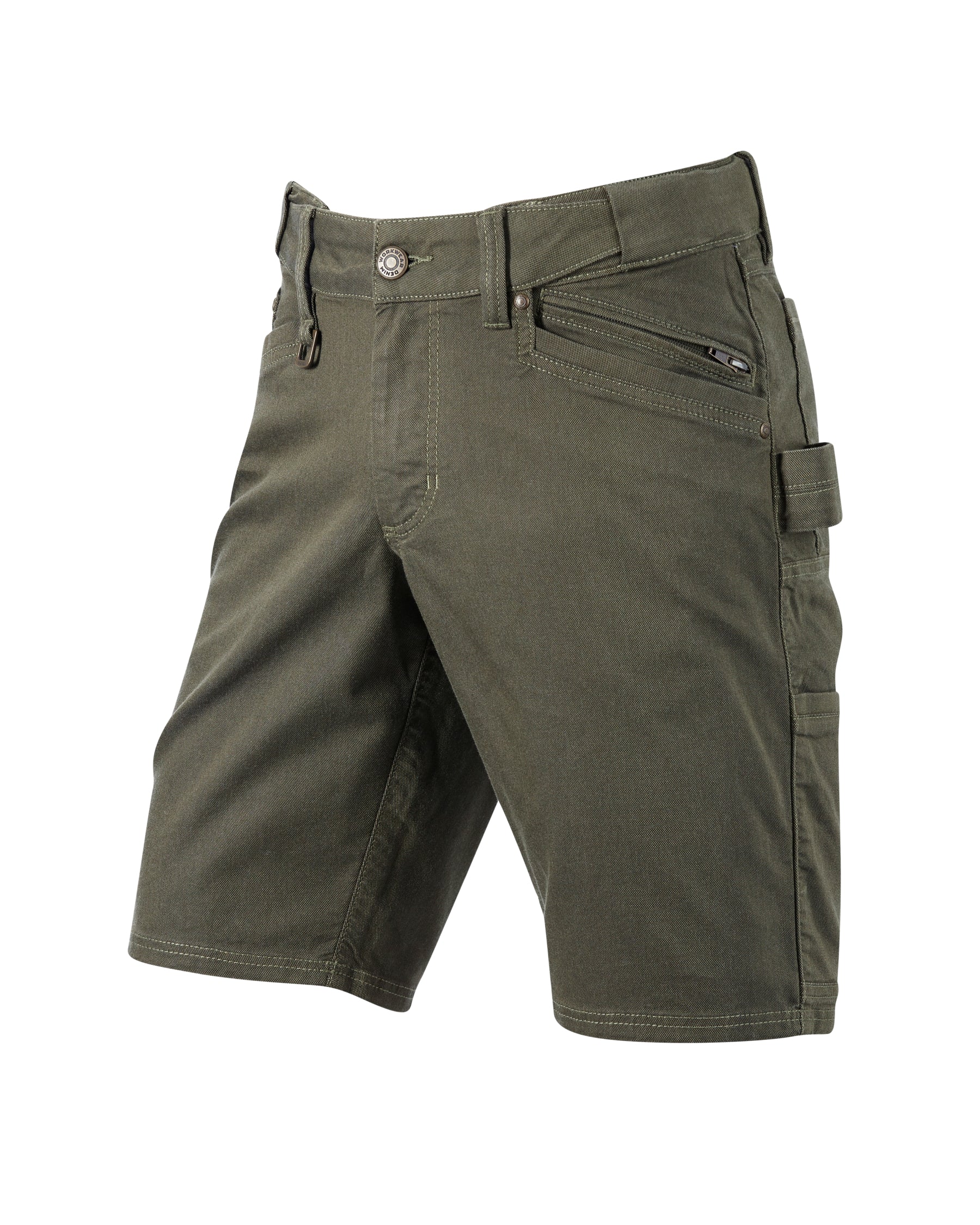 Engelbert Strauss e.s. vintage multipocket shorts in disguise green, shown as a clean front product image highlighting the above-knee workwear cut, waistband, and functional pocket placement.