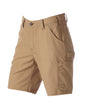 Engelbert Strauss e.s. iconic shorts in almond brown, shown as a clean front product image highlighting the above-knee workwear cut, waistband, and functional pocket placement.