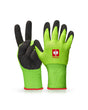 Neon green and black STRAUSS Senso-Grip latex knit gloves with textured palms, fitted cuffs, and reinforced work grip.