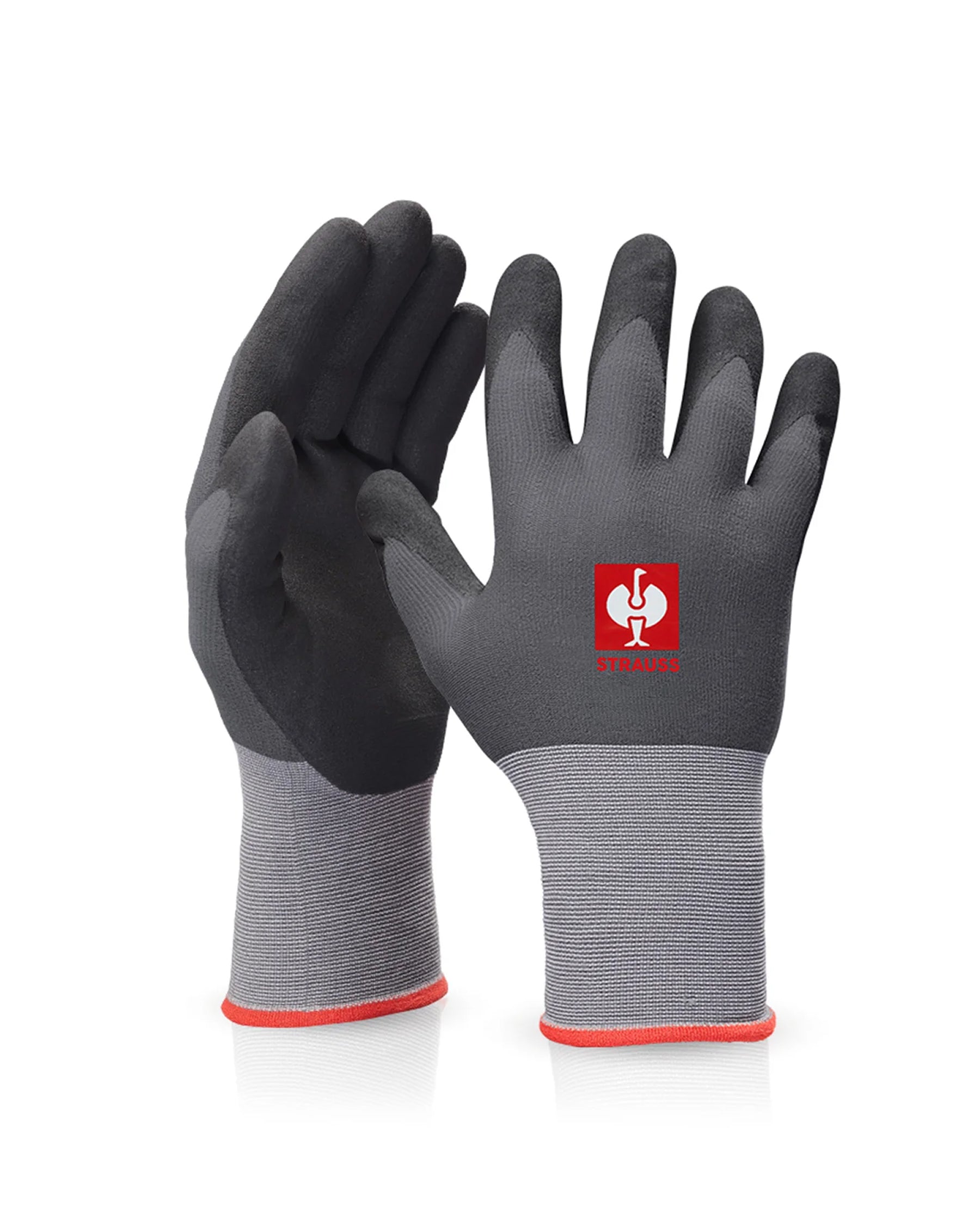 Black and gray STRAUSS evertouch micro nitrile foam gloves with textured palms, fitted cuffs, and reinforced work grip.