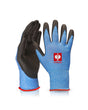 Black and blue melange STRAUSS comfort skin A2 PU cut protection gloves with textured palms, fitted cuffs, and reinforced work grip.