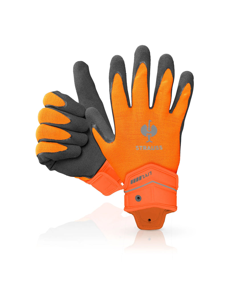 Neon orange and anthracite STRAUSS e.s.motion 24/7 hybrid gloves with textured palms, fitted cuffs, and reinforced work grip.