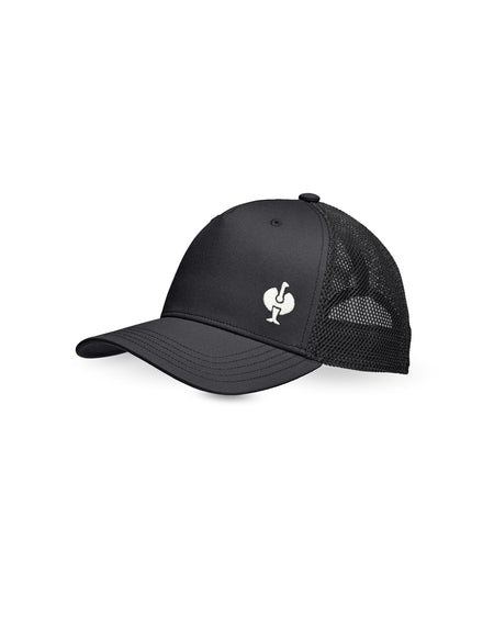 Black STRAUSS e.s.ventura vintage trucker hat with a curved brim and mesh panels.