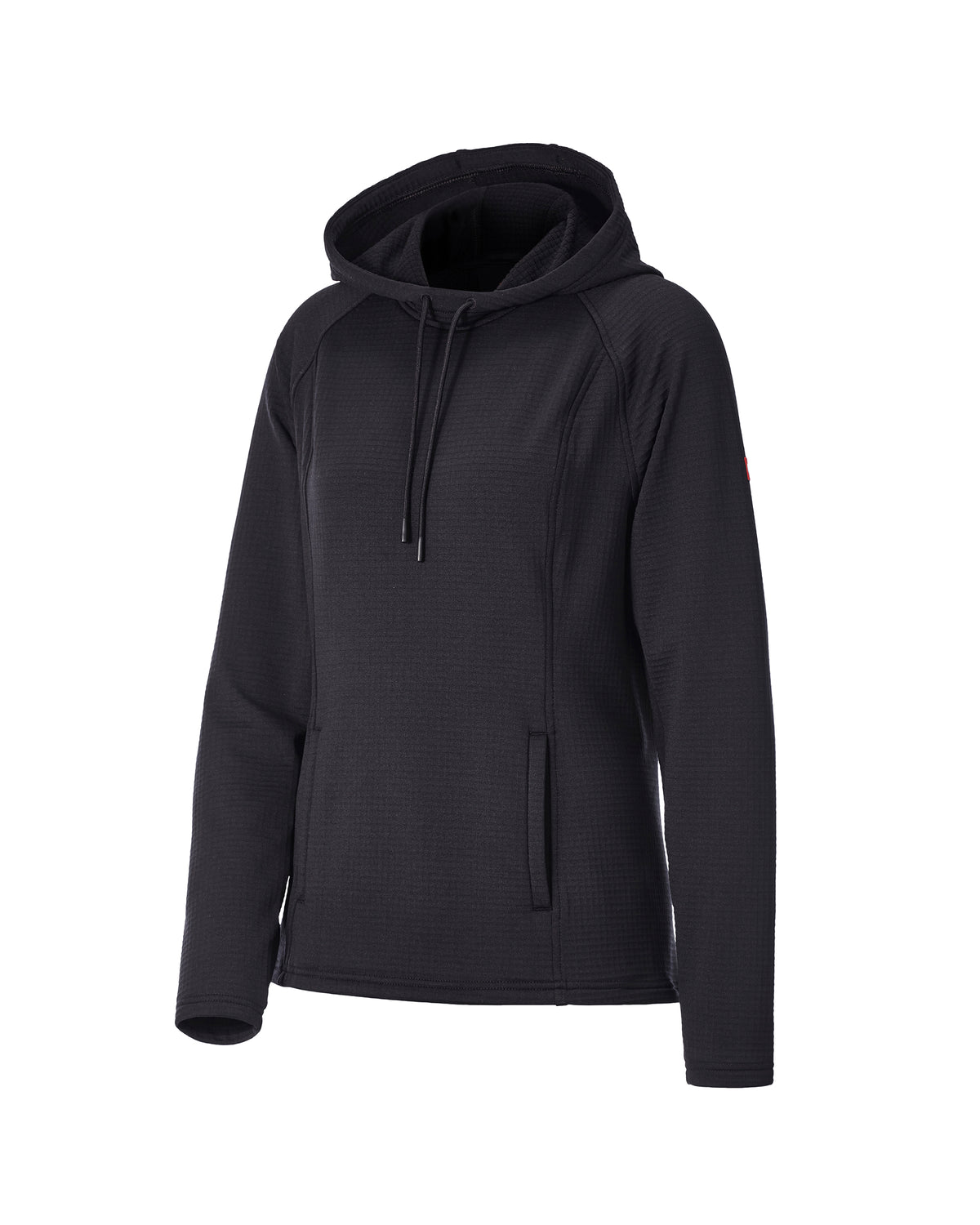 A black textured hooded sweatshirt with drawstrings and a vertical zippered pocket, shown on a plain white background.