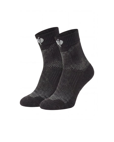 Black and basalt gray STRAUSS e.s.trail pure all-season high-cut socks designed for high-cut work shoes and boots.