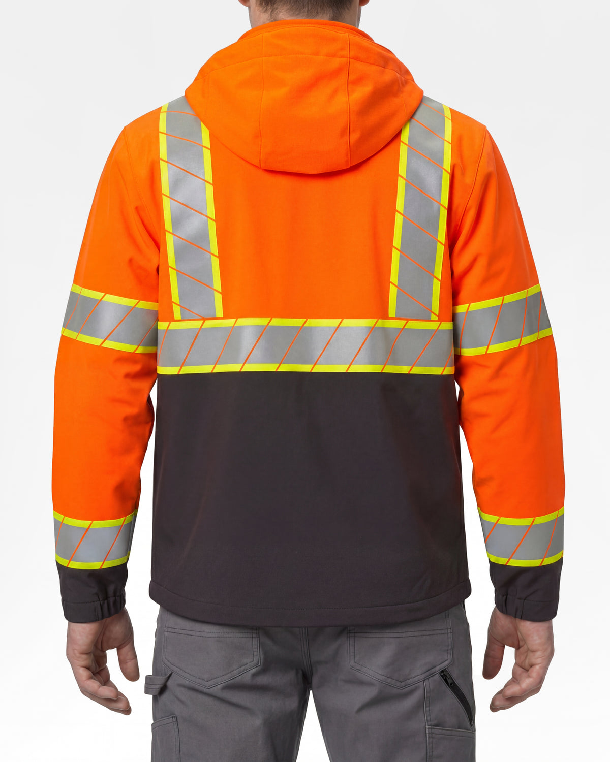 STRAUSS Class 2 high visibility waterproof jacket in neon orange and black worn, back view