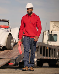 STRAUSS cotton-poly hoodie in fire red, worn in workwear outfit