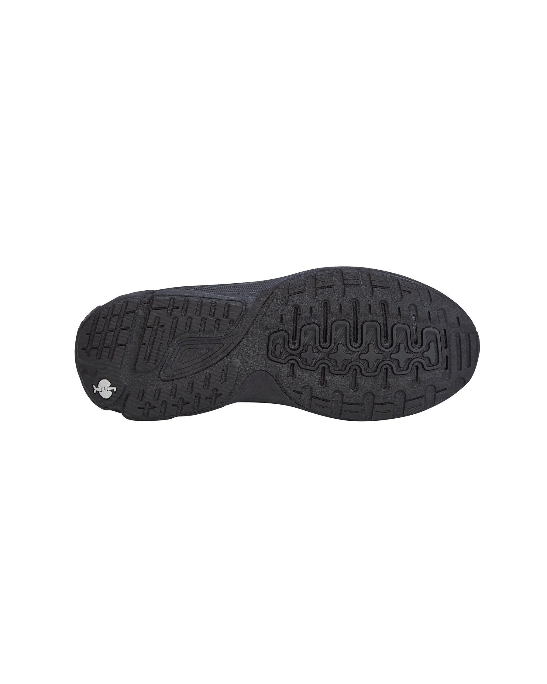 The black rubber outsole of a shoe, showing its tread pattern and a small white logo on the heel, isolated on a white background.