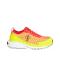 A single athletic sneaker shown in profile against a solid white background. The shoe features a bright neon yellow-green forefoot and midsole, a coral-orange mesh upper with diagonal stripe details, a red collar and laces, and a white midsole.