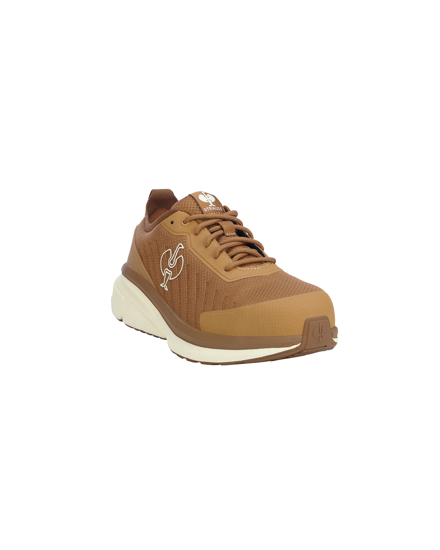 A single brown athletic sneaker shown from a three-quarters angle against a solid white background. The shoe features a textured brown mesh upper, matching brown laces, a white and brown midsole, and a small white embroidered logo on the side.