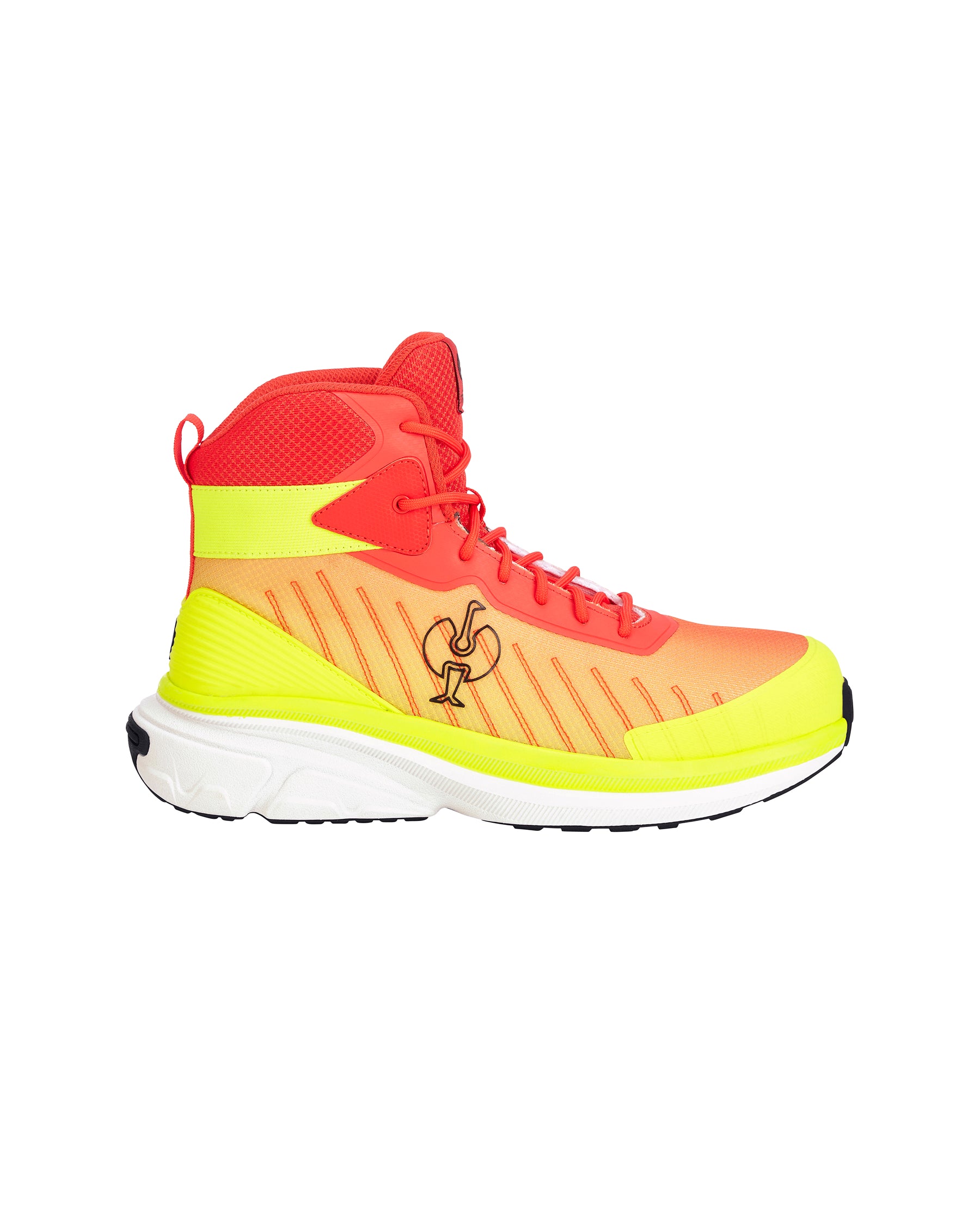 A high-top athletic sneaker in a vibrant gradient of red, orange, and neon yellow, featuring a white midsole and a stylized bird logo on the side.
