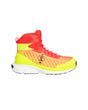A high-top athletic sneaker in a vibrant gradient of red, orange, and neon yellow, featuring a white midsole and a stylized bird logo on the side.