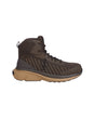 A dark brown mid-cut hiking boot with a tan sole, shown from a side profile view against a plain white background.