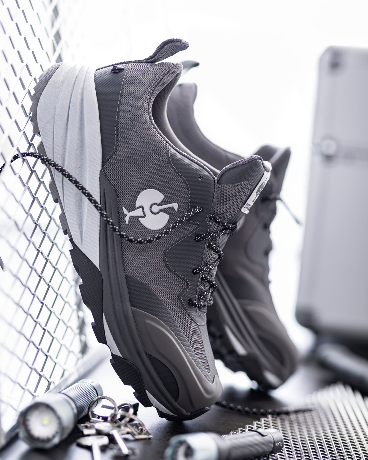 STRAUSS Harlem Composite Toe Work Shoe in Basalt gray shown in use on the job