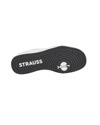 Outsole tread view of the STRAUSS Philly Steel Toe Work Shoe in White and Black