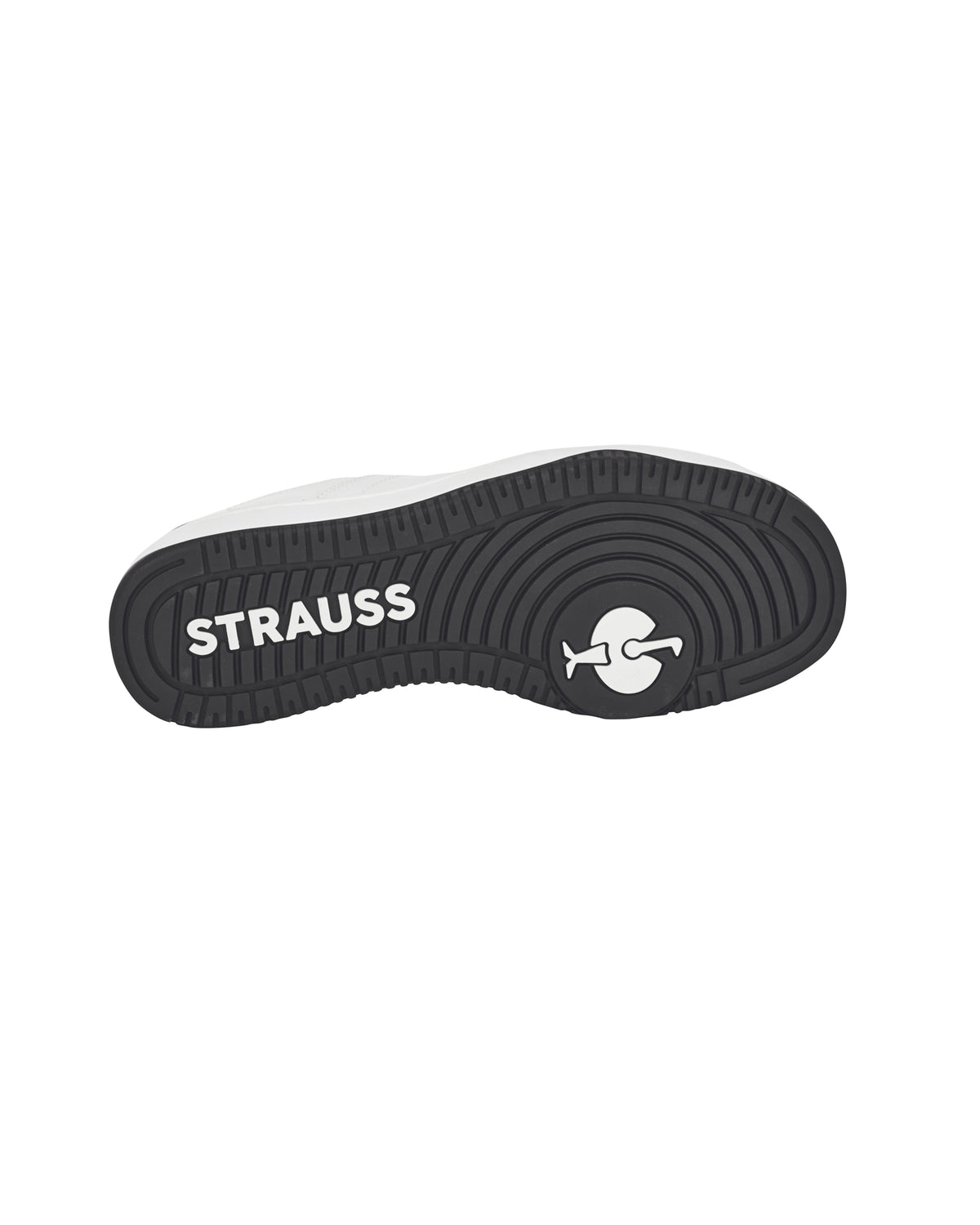 Outsole tread view of the STRAUSS Philly Steel Toe Work Shoe in White and Black
