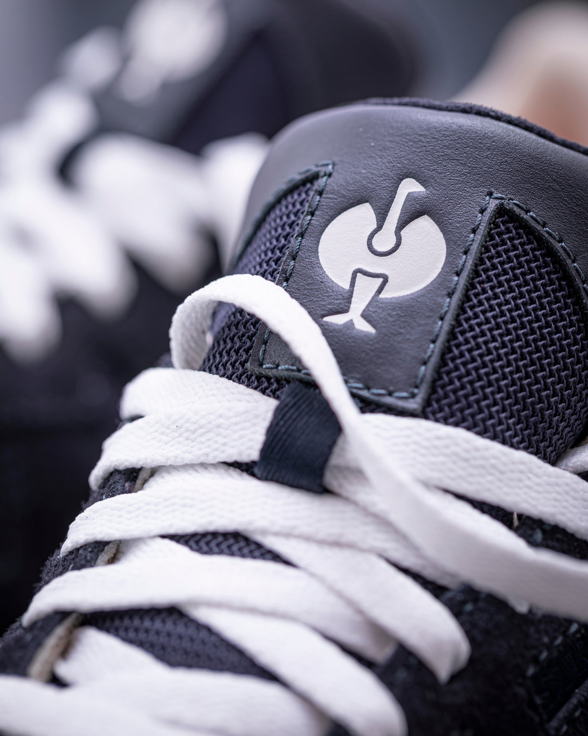 Close-up of the Nero blue Canberra Steel Toe Work Shoe upper and laces