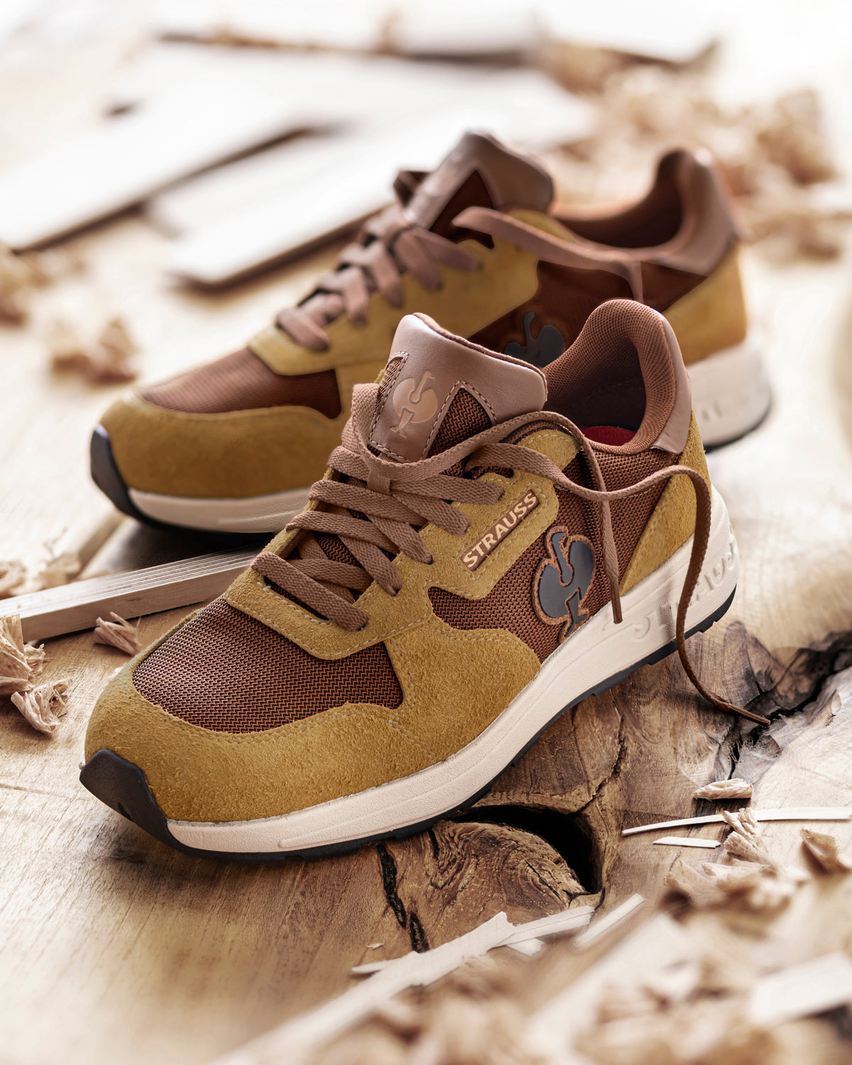 STRAUSS Canberra Steel Toe Work Shoe in Desert brown shown in use on the job