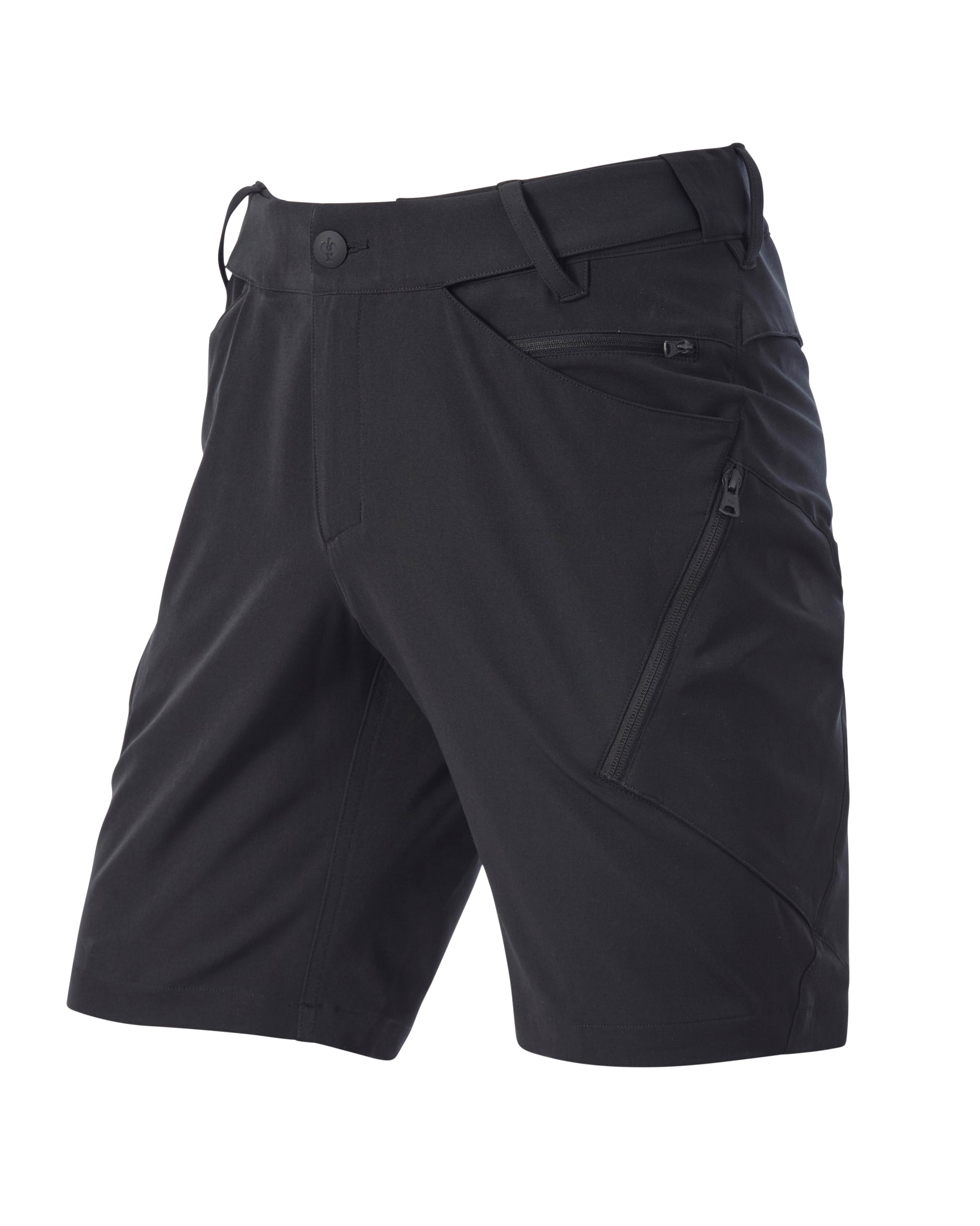Engelbert Strauss utility cargo work shorts in black, shown as a clean front product image highlighting the above-knee workwear cut, waistband, and functional pocket placement.