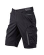 Engelbert Strauss e.s. trail pure cargo work shorts in black and carbon gray, shown as a clean front product image highlighting the above-knee workwear cut, waistband, and functional pocket placement.