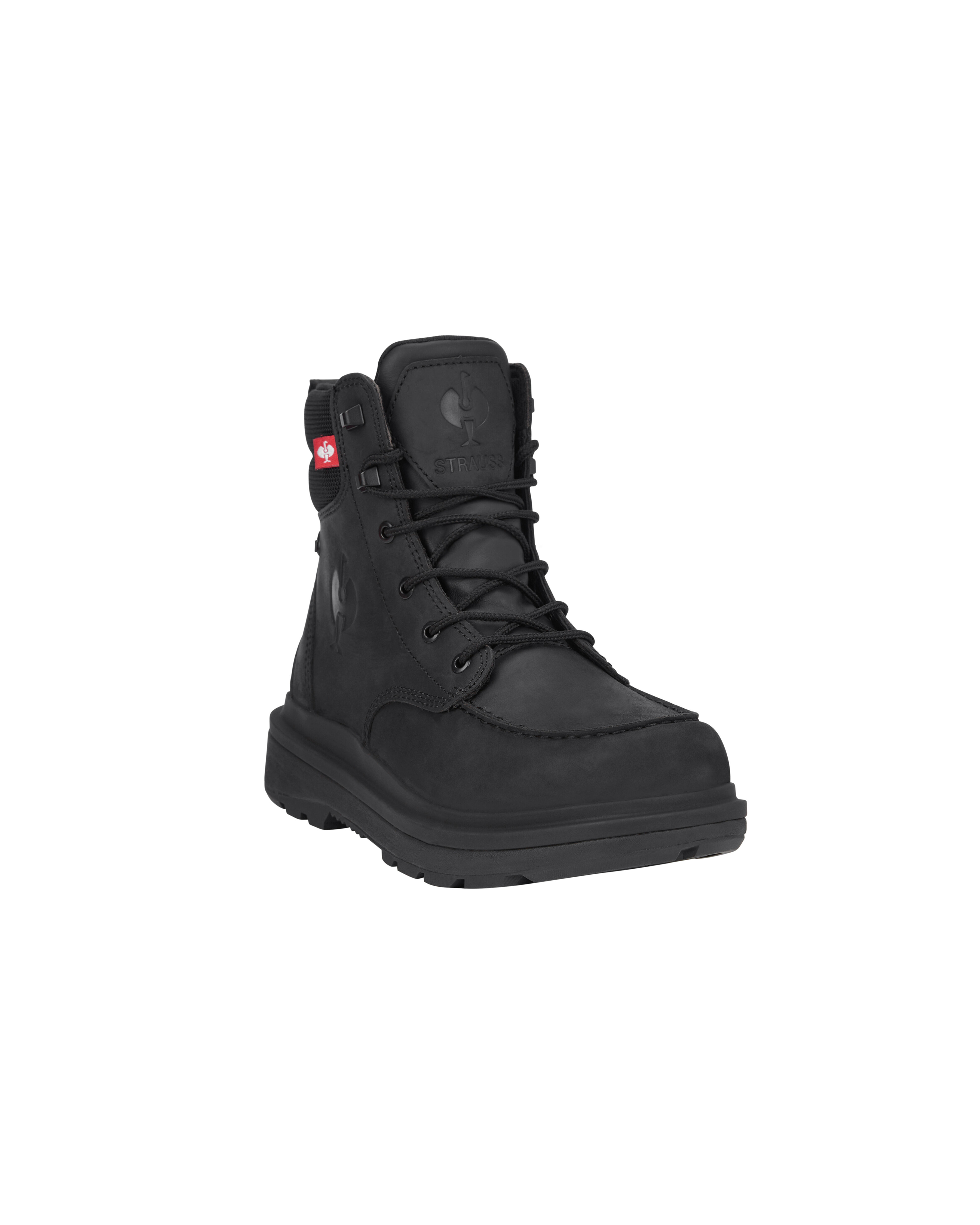 Black boot with a visible brand logo on a white background