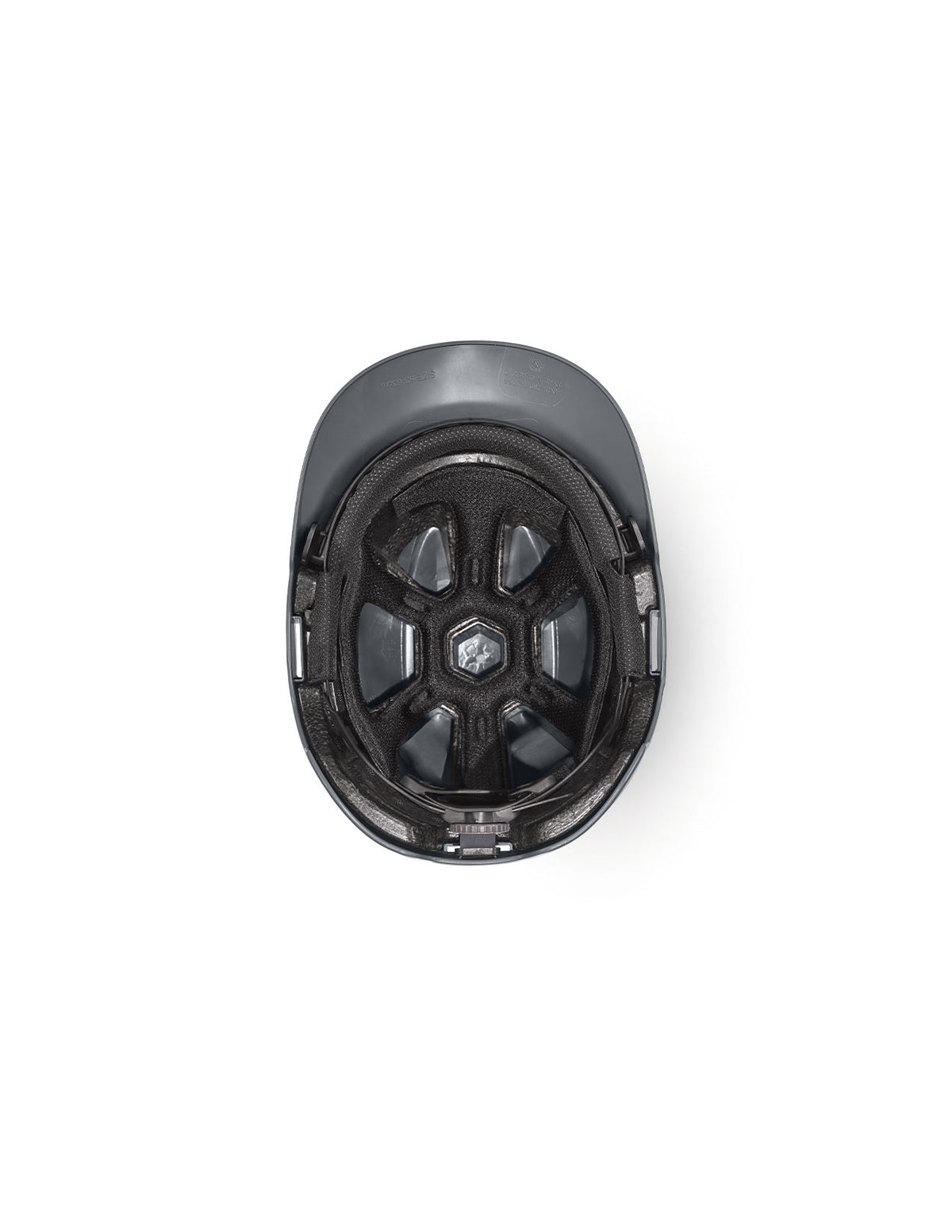 Top view of the STRAUSS Baseball Style Hard Hat in black, showcasing its interior padding and support structure along with an extended neck shell for added protection, set against a white background.